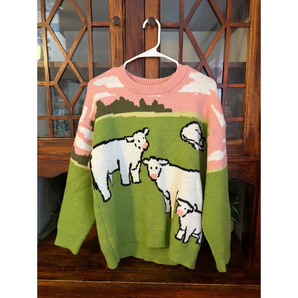 Aelfric Eden Sweaters - Aelfric Eden Sheep Pastoral Landscape Knit Sweater Green Pink Size Medium
